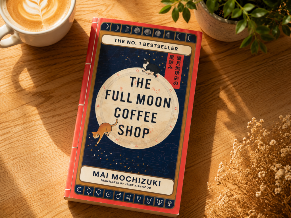 The Full Moon Coffee Shop Book on a wooden table with coffee.